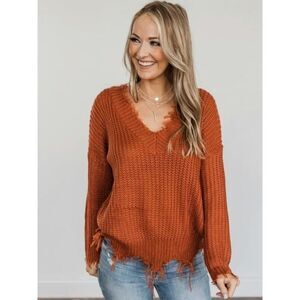 ✨Miracle Cable Knit Distressed V-Neck Burnt Orange Sz M/L Sweater✨